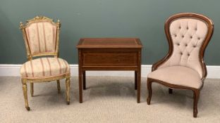 ANTIQUE MAHOGANY BOX SEAT CHAIR with string inlay, 63 (h) x 69 (w) x 41 (d) cms, a GILT PAINTED