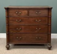 GEORGIAN MAHOGANY CHEST of two over three drawers with brass drop handles, pillar sides and bun