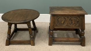 RUSTIC (DUTCH) CARVED OAK STOOL with lift-up lid, 45 (h) x 48 (w) x 34 (d) cms and a circular topped