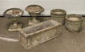 STONEWARE PLANTERS, a pair of campana style planters, 36 (h) x 40 (diam) cms, a pair of barrel