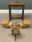 CARVED OAK SIDE TABLE with base stretcher, 65 (h) x 57 (w) x 37 (d) cms, a THREE LEGGED ELM