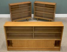 MID-CENTURY TYPE BOOKCASE with glazed sliding doors, 84 (h) x 152 (w) x 24 (d) cms and a SMALLER