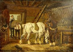 UNKNOWN (British 19th century) oil on board - horses in stable with groom in attendance, unsigned,