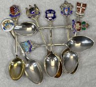 COLLECTION OF EIGHT SILVER/WHITE METAL & ENAMEL SOUVENIR TEASPOONS, Stratford Upon Avon, Stamford,