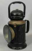 VINTAGE STEEL & BRASS GWR RAILWAY SIGNAL LAMP by T E Bladon & Sons, with original burner, 32cms (