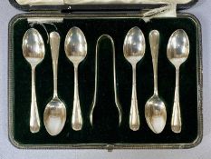 CASED SET OF SIX GEORGE V SILVER TEASPOONS, with matching tongs, Sheffield 1921, Cooper Brothers &