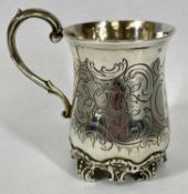 VICTORIAN SILVER CHRISTENING MUG, waisted body, engraved with scrolls and monogram in cartouche,