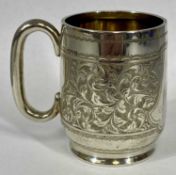 GEORGE V SILVER CHRISTENING MUG, body with scroll engraved decoration and inscribed 