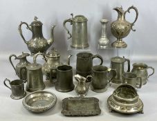 GROUP OF PEWTER/PLATED ITEMS, mainly 19th century, including tankards, claret jugs, coffee pots