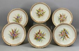 ROYAL WORCESTER SET OF SIX DESSERT PLATES, circa 1878, each painted with hollyhocks and meadow
