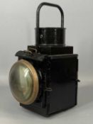 VINTAGE STEEL RAILWAY SIGNAL LAMP with bullseye lens, with burner37cms (h) Provenance: private