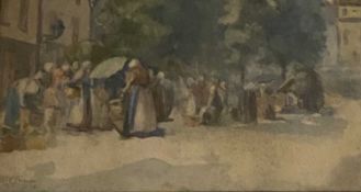 ‡ MARY McCROSSAN watercolour - a large crowd of people at Chartres Market, signed and dated 1894, 17