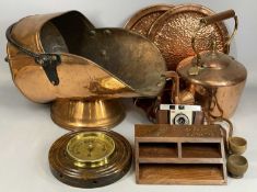 LARGE COPPER HELMET COAL SCUTTLE, with iron handle, copper kettle, barometer, vintage Kodak camera