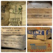 COLLECTION OF VINTAGE HESSIAN SACKS & BOXES, some lettered Provenance: private collection Gwynedd