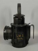 VINTAGE STEEL LMS RAILWAY SIGNAL LAMP with burner, 32cms (h) Provenance: private collection Conwy
