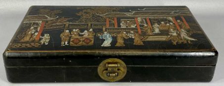 CHINESE LACQUERED SCROLL BOX, 20th century, the hinged cover gilded and decorated with figures, with