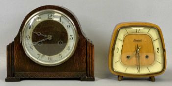 TWO MANTEL CLOCKS, mid-century Kieninger example in highly polished wood case set on brass feet, 8-