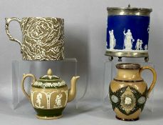 GROUP OF 19TH CENTURY CERAMICS, Doulton Lambeth stoneware motto jug, applied moulded decoration, 