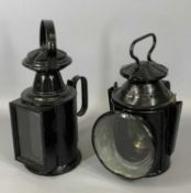 TWO VINTAGE STEEL RAILWAY SIGNAL LAMPS, unnamed, with burners 32cms and 29cms (h) Provenance: