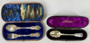 CASED VICTORIAN SILVER SPOON & FORK, London 1869 and a cased Victorian silver christening spoon,