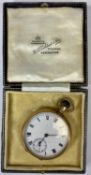 9CT GOLD CASED POCKET WATCH, top wind, white enamel dial with black Roman numerals and subsidiary
