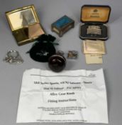 JAPANESE DAMASCENE MUSICAL POWDER COMPACT, 9cms (w), a Tudric pewter and enamel match box holder no.