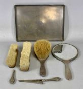 GEORGE V SILVER DRESSING TABLE SET, with machine engraved decoration, rectangular tray with upturned