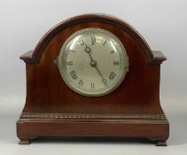 EDWARDIAN MAHOGANY DOME TOP MANTEL CLOCK, circular silvered dial with black Arabic numerals, eight