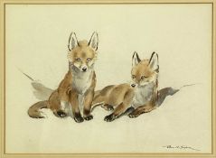 EILEEN A. SOPER (British 1905-1990) watercolour - two fox cubs, signed lower right, label verso