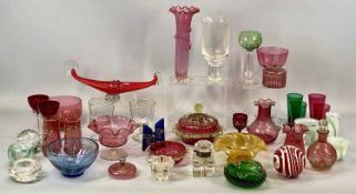 LARGE GROUP OF COLOURED GLASSWARE 19th century and later, including ruby and cranberry vases,