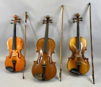 THREE VIOLINS, 33cms two-piece back, 37cms two-piece back and 35.5cms two-piece back, in cases