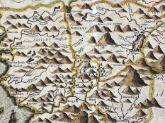 JOHN SPEEDE HAND COLOURED ENGRAVED MAP OF MERIONETHSHIRE 1616 or later, with town plan of Harlech,