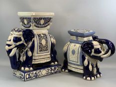TWO CONTEMPORARY GLAZED EARTHENWARE ELEPHANT CONSERVATORY SEATS , one with planter top, 80cms (h)