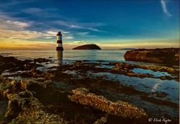 DESH KAPUR colour photograph - Penmon Lighthouse with Puffin Island, monogrammed in pencil, 32.5 x
