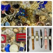 LARGE GROUP OF COSTUME JEWELLERY including bead necklaces, bangles, rings with commemorative coins
