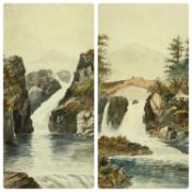 J T PARRY (1853 - 1913) watercolours, a pair - a figure on a bridge above a waterfall and another