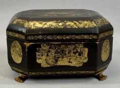 19TH CENTURY CHINESE BLACK LACQUERED DOUBLE TEA CADDY of octagonal form, gilded chinoiserie