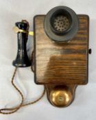 VINTAGE OAK CASED SIGNAL BOX RINGING WALL TELEPHONE, with oxidised copper bell, Bakelite mouth and