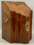 GEORGE III MAHOGANY KNIFE BOX chequered inlaid stringing, serpentine front with brass handle, lock