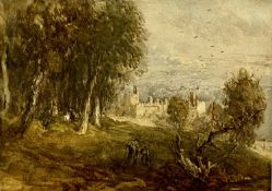 DAVID COX watercolour - Haddon Hall with figures, unsigned, 18.5 x 26cms Provenance: private