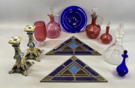 MIXED DECANTERS & OTHER COLOURFUL GLASSWARE COLLECTION, comprising clear glass ships decanter with