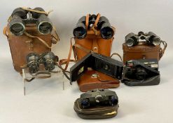 FIVE VINTAGE PAIRS OF BINOCULARS including Prinz 16x50 in pigskin case, vintage Bellows camera in