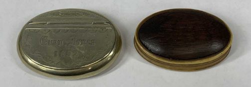 TWO ANTIQUE SNUFF BOXES - oval silver plate with hinged cover, engraved Evan Jones 1892, 9 x 6.