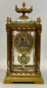 FRENCH GILDED BRONZE & CHAMPLEVE ENAMEL FOUR GLASS MANTEL CLOCK, circa 1900, surmounted with an