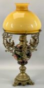 ORNATE POTTERY & BRASS OIL LAMP, the shade supports modelled as sailing boats with figures,