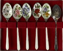 CASED SET OF SIX ELIZABETH II SILVER & ENAMEL TEASPOONS, each having bowl decorated with a different