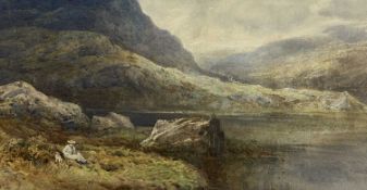 HARRY HIME (1845-1941) watercolour - mountainous lake, lady with dog in foreground, signed lower