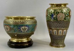 CHAMPLEVE ENAMEL BALUSTER FORM VASE, decorated with a band of flowers on a green ground, 28cms (h)