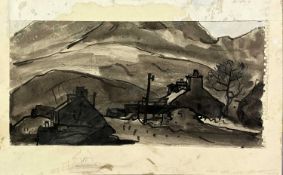 SIR KYFFIN WILLIAMS RA pen and wash - cottages with mountains beyond, entitled on paper verso 