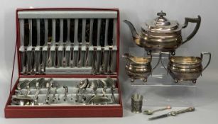 THE GOURMET CUTLERY COLLECTION, cased, and a three piece EPNS tea service, a letter opener, ETC